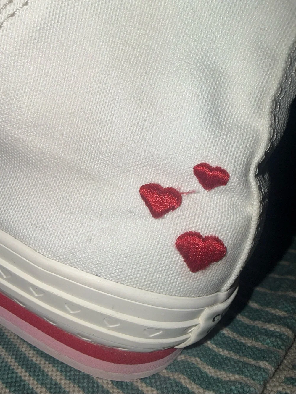 Converse Kids White High Top Sneakers with Red Heart and Pink & Red Stripes